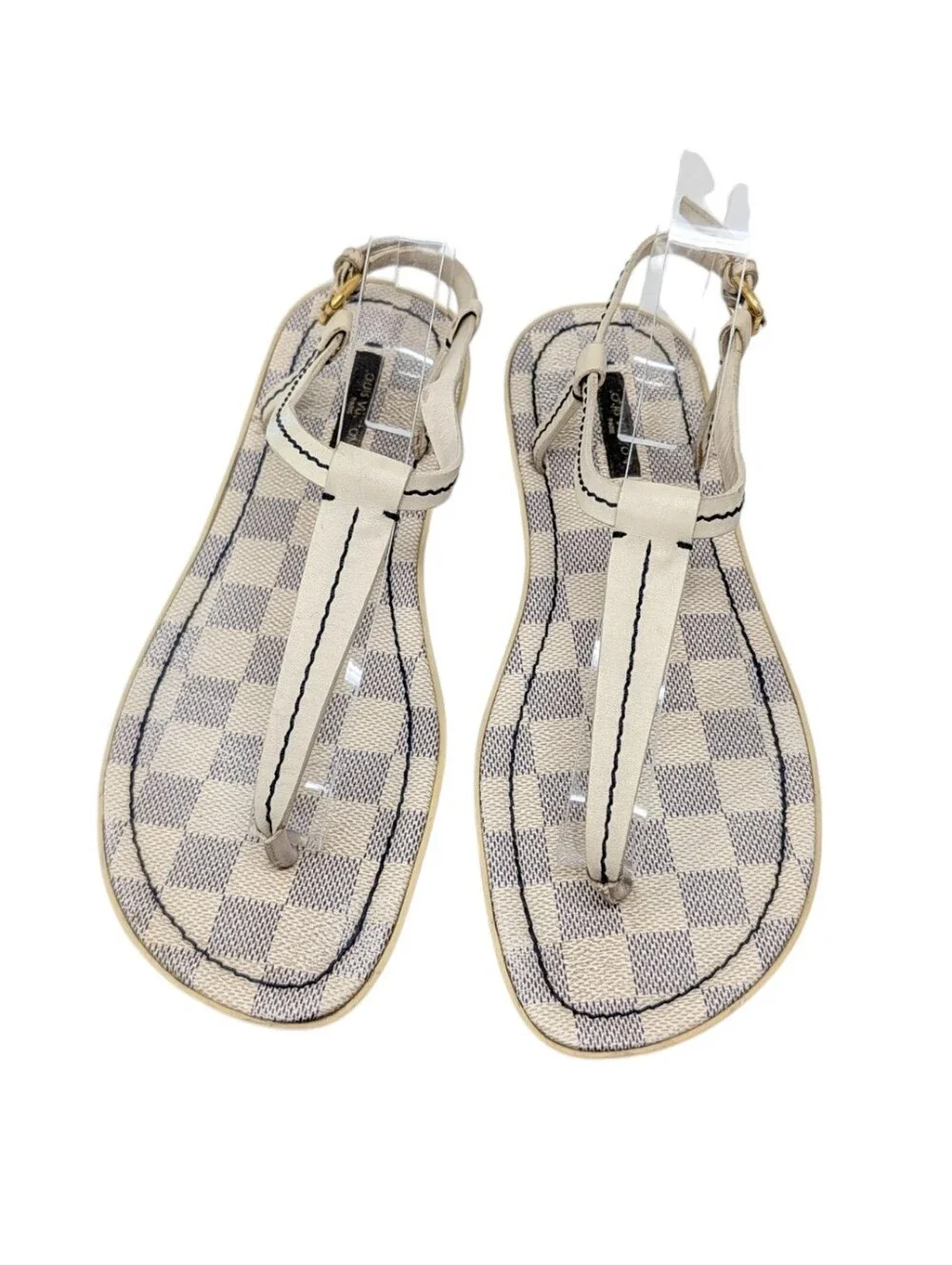 Louis Vuitton Damier Azur White Blue Check T-Strap Thong Sandals Size EU 38.5